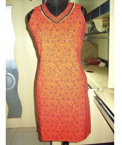 Ladies Orange Sleeveless Cotton Printed Tunic
