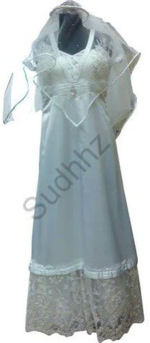 Sudhhz Silk V Neck Ladies White Embroidered Gown Xl