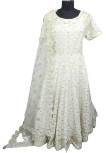 Off-white Embroidered Georgette Trail Gown, Brand Name : Sudhhz