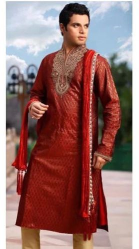 Party Wear Mens Red Cotton Kurta Pajama