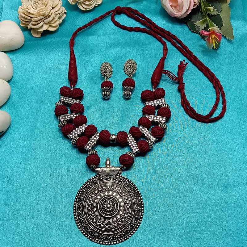 Handcrafted German Silver Beads Round Pendant Necklace Set