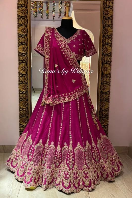 Cherry Bridal Lehenga In Pure Silk With Zardozi, Pearl & Resham Embroidery