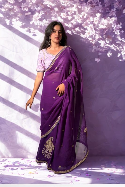 Deep Purple Marodi Saree With Lavender Blouse