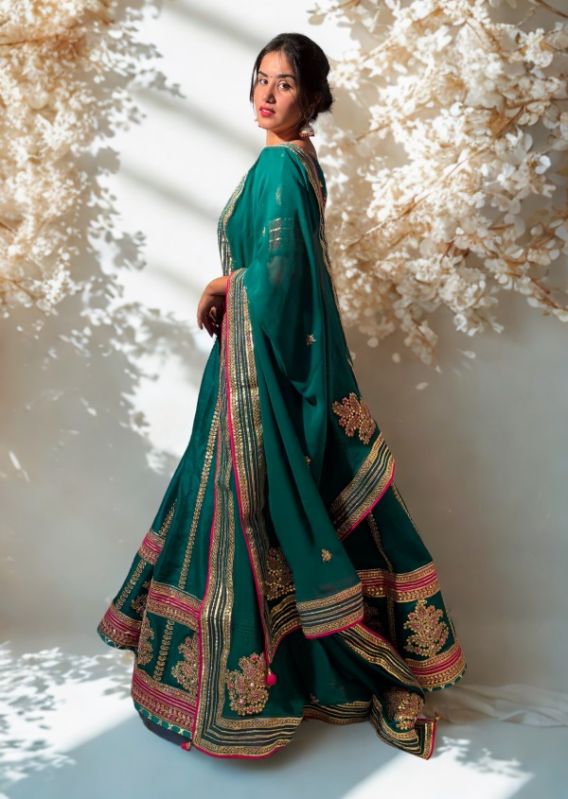 Emerald Green Raw Silk Gota Patti Lehenga Set