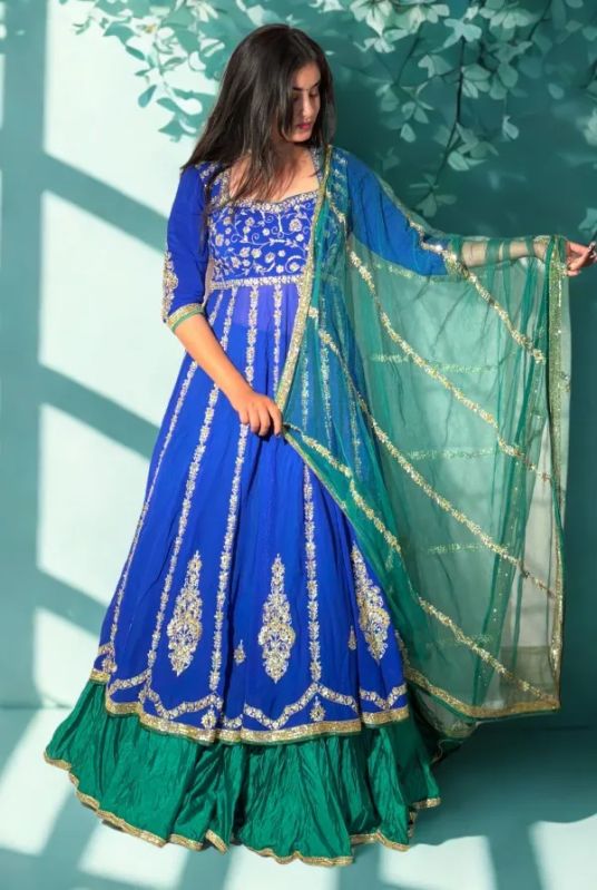 Enchanted Azure Bloom Anarkali Skirt Set