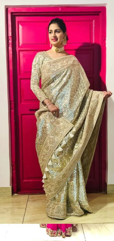 Exclusive Designer Saree With Full Jaal In Patti And Zardozi Handwork Border