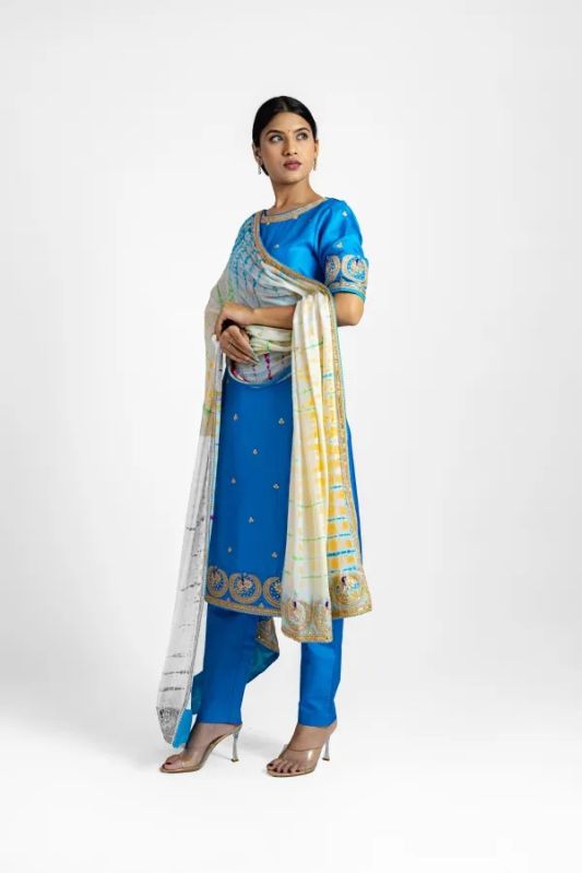 Firozi Blue Peacock Design Suit In Pure Silk