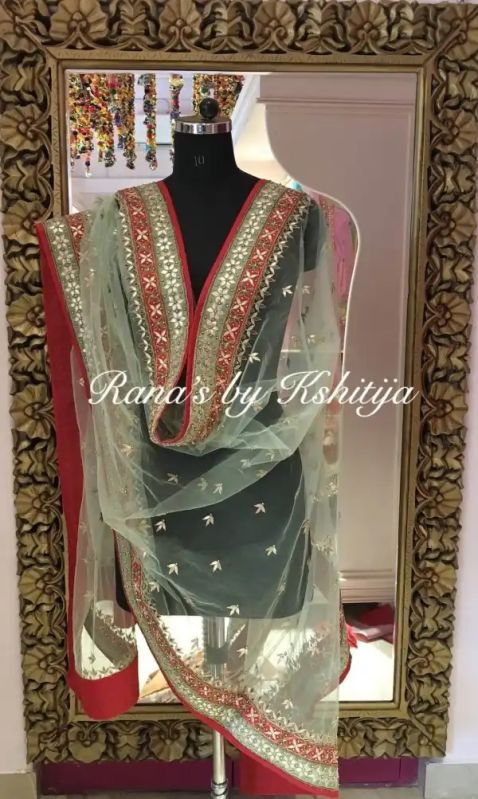 Green Net Dupatta With Double Border Design