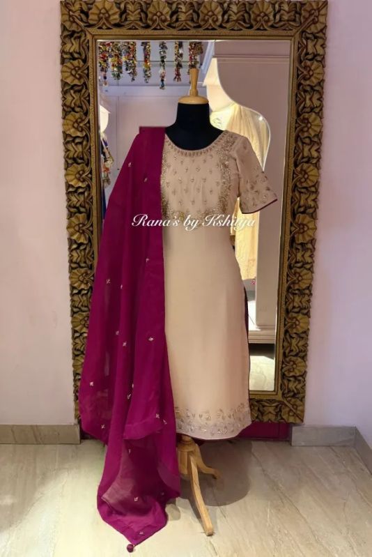 Handcrafted Zardozi Beige Wine Suit Set