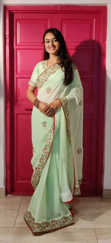Light Green Designer Handmade Saree In Pure Georgette