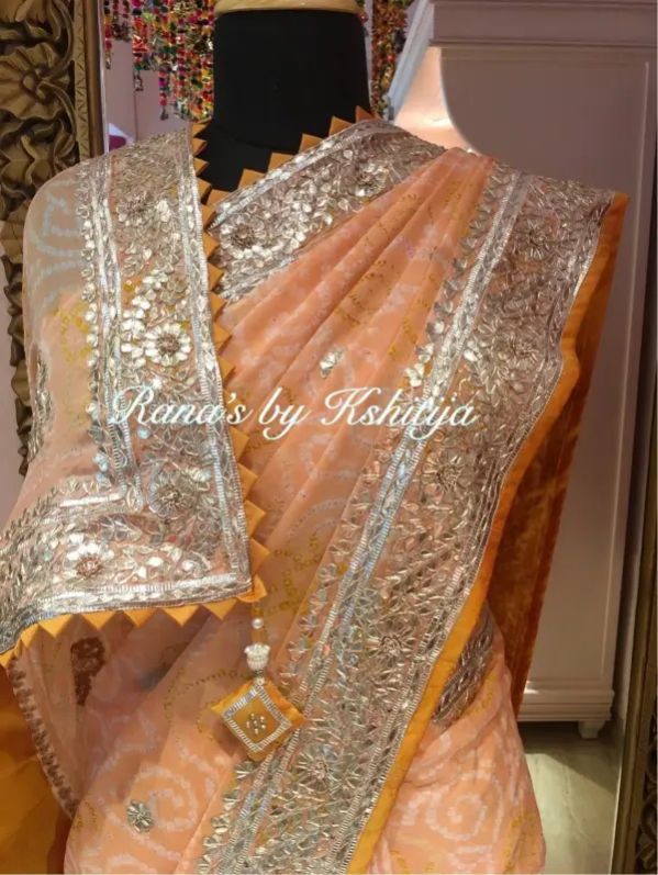 Light Peach Gota Handwork Bandhani Saree
