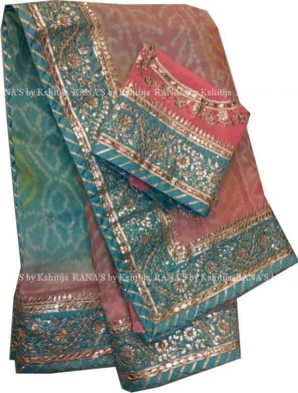 Peach Blue Shaded Bandhej Saree