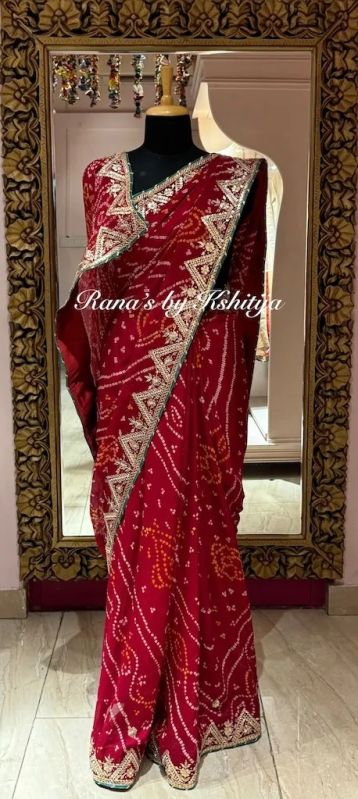 Pearl Gota Work Deep Red Bandhani Saree