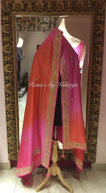 Pure Silk Pink Embroidered Ombre Dyed Dupatta