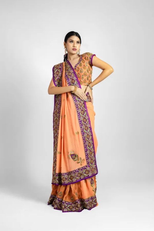 Radiant Sunset Designer Saree In Rich Zardozi Work