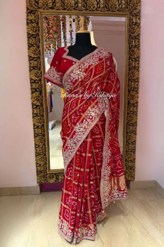 Red Gajji Silk Gharchola Saree In Gota Pearl Handwork