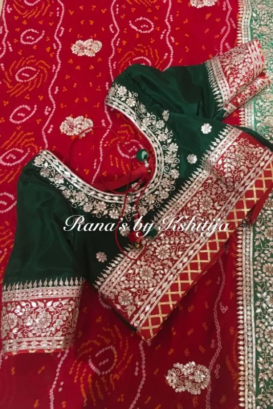 Red Rai Bandhej Saree In Fine Gota Work Design