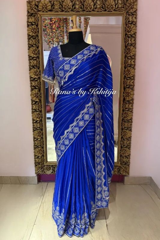 Royal Blue Satin Georgette Embroidered Saree