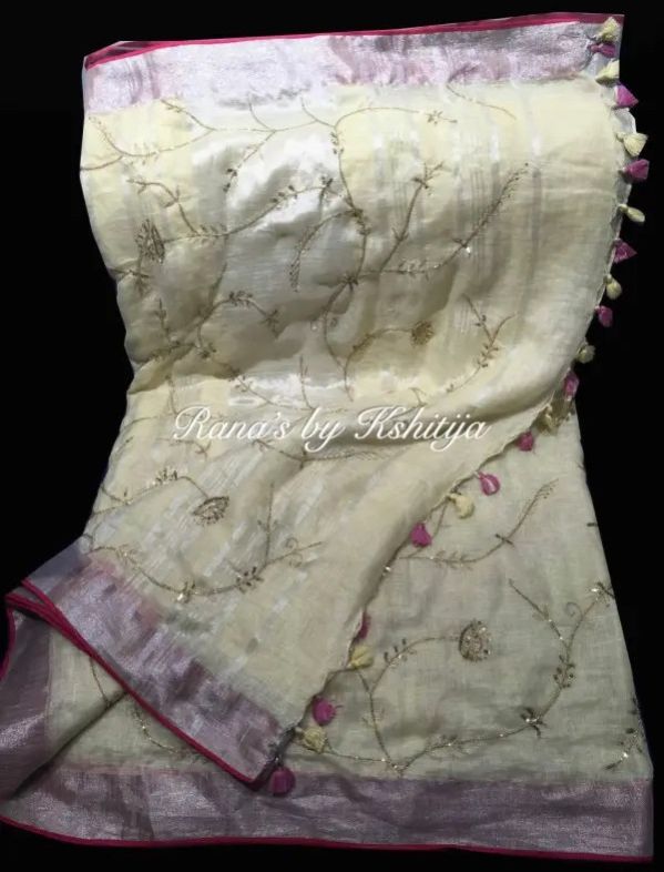 Yellow Pure Linen Jaal Design Saree