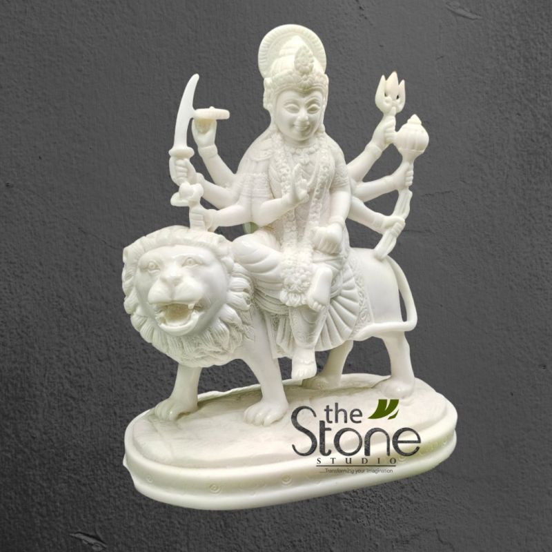Durga Maa Statue In Marble Sitting on Her Vahan 2ft