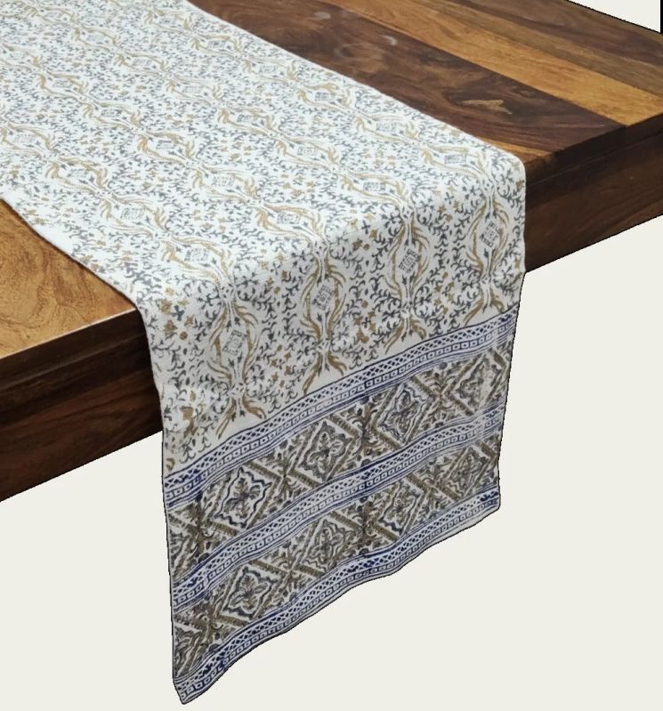 6 Seater Deep Cream Hand Block Printed Linen Table Runner