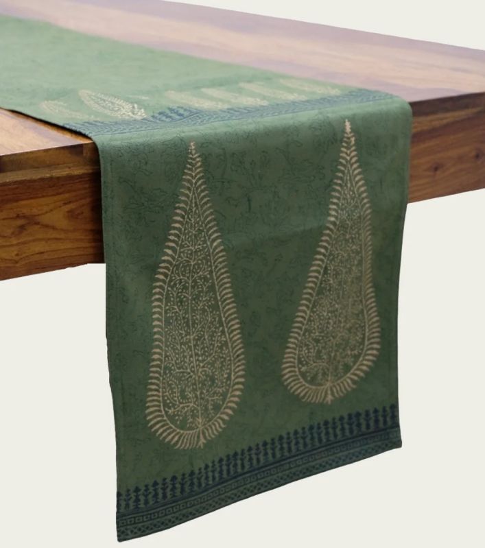 Olive Hand Block Printed Cotton Canvas Table Runner