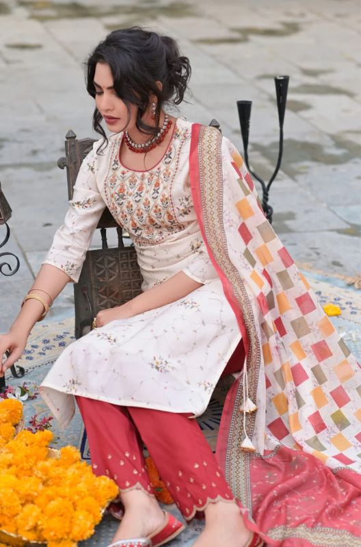 Women Cream Silk Embroidered Yoke Tassels Dupatta Salwar Suit Set