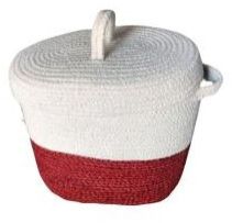 Maroon White Jute Storage Organiser Basket With Lid And Handles