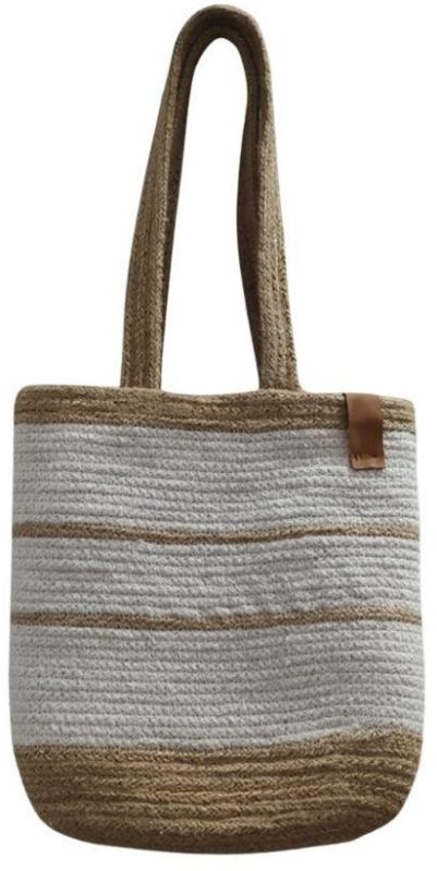 Striped Branded Tag Cotton Rope Tote Bag