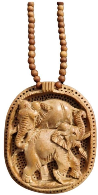 Twin Elephants Wooden Hand Carved Necklace