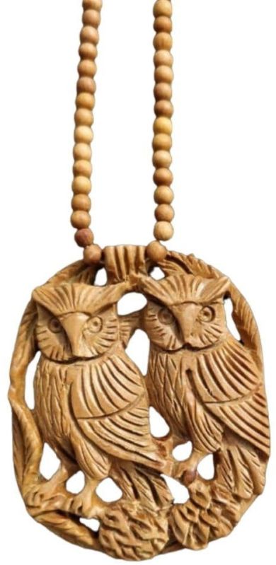 Twin Owls Hand Carved Wooden Necklace