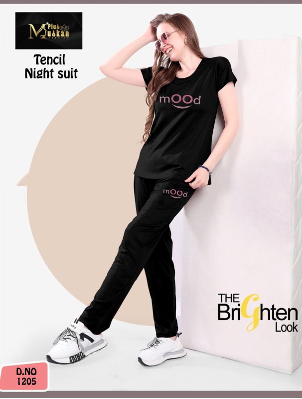 Black Tencel Printed Ladies Night Suit