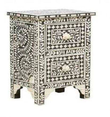Black and White Chevron Bone Inlay Nightstand with Two Drawers
