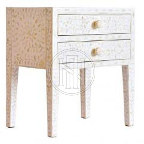 Black and White Floral Vine Bone Inlay Nightstand with Two Drawers