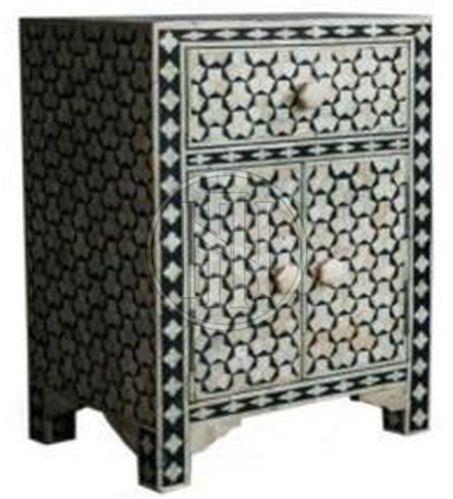 Black and White Geometric Pattern Bone Inlay Nightstand with Drawer and Cabinet