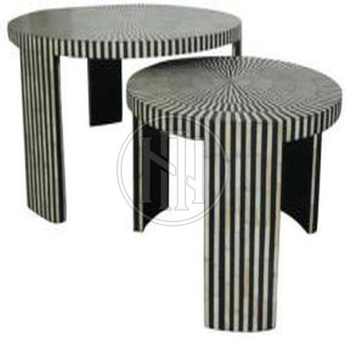 Black and White Striped Round Coffee Tables with Geometric Tops