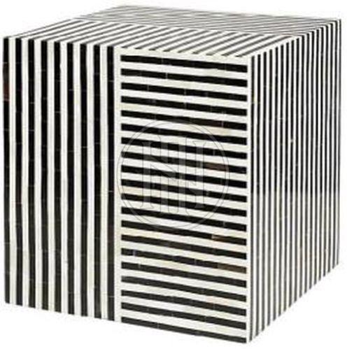Black and White Vertical Horizontal Stripe Bone Inlay Cube Side Table