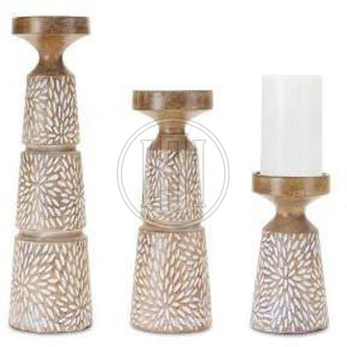 Carved Floral Design Wooden Candle Holders Set OF 3 Pcs