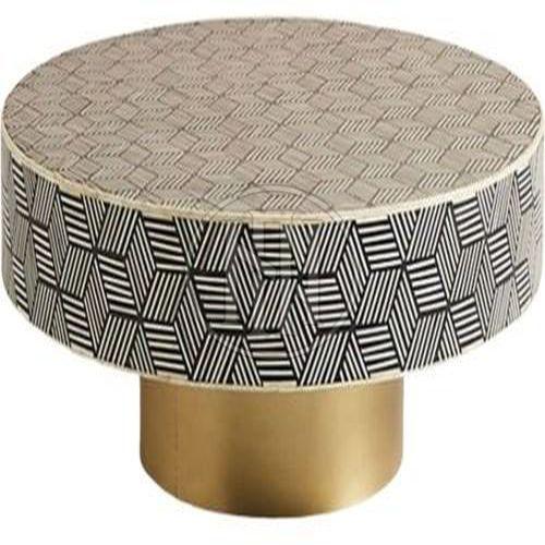 Modern Round Coffee Table with Geometric Inlay and Gold Base