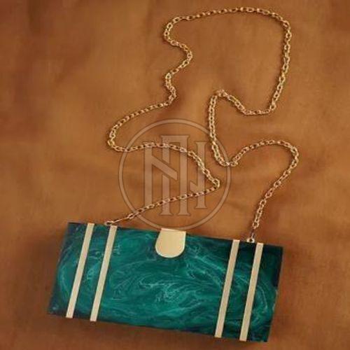Marbled Emerald Green Resin Clutch with Gold Chain