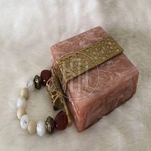 Marbled Terracotta Resin Cube Clutch with Ornate Handle