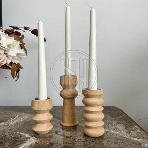 Natural Wood Taper Candle Holders with Varied Shapes Set OF 3 Pcs