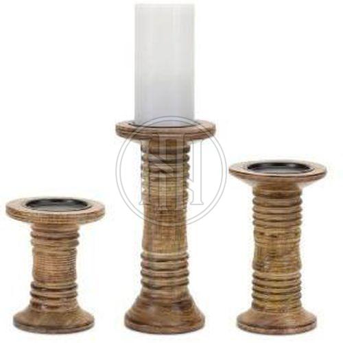 Ribbed Wood Candle Holders Set OF 3 Pcs