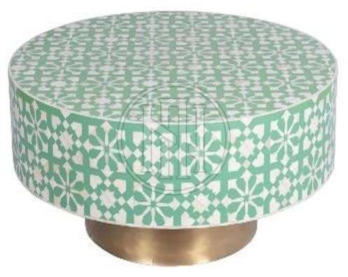 Round Coffee Table with Green & White Geometric Pattern and Gold Base