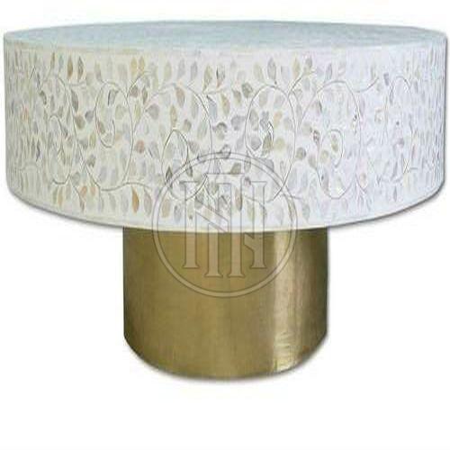 Round Coffee Table with White & Grey Botanical Inlay and Gold Pedestal Base