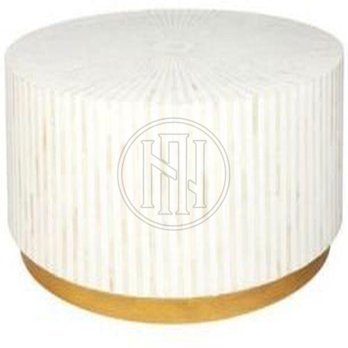 Round Coffee Table with White Striped Inlay and Gold Base