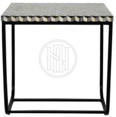 Square End Table with Black and White Geometric Inlay and Black Metal Base