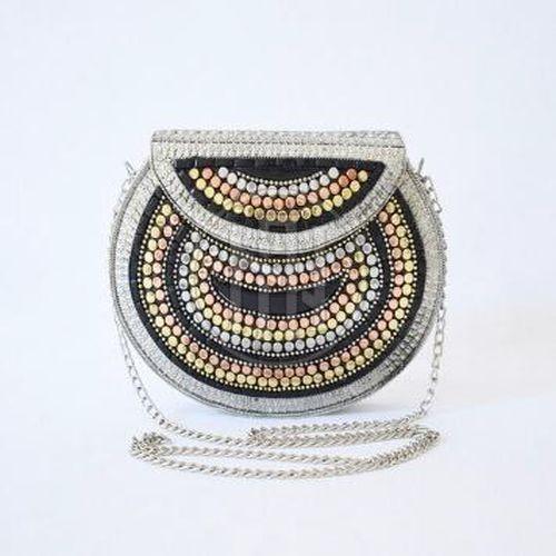 Studded Metallic Half Moon Clutch with Chain