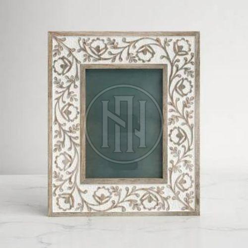 White and Brown Carved Floral Wooden Photo Frame
