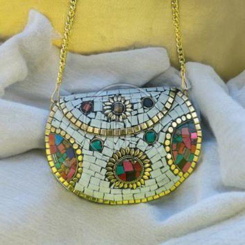 White Mosaic Metal Clutch with Floral & Multi Color Inlay